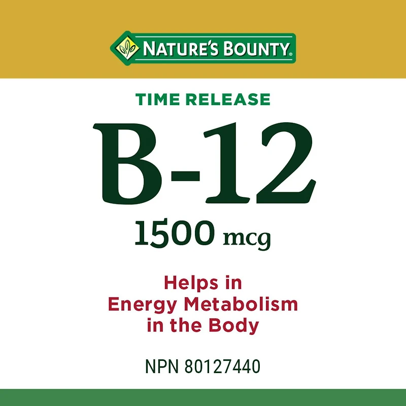 NATURE'S BOUNTY Vitamine B-12, libération prolongée, favorise le métabolisme énergétique, contribue à la formation des globules rouges, aide à prévenir les carences en B-12, soutient le système immunitaire, comprimés 80 paquet 80 comprimés