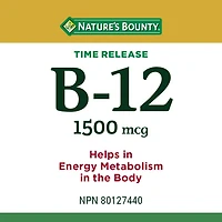 NATURE'S BOUNTY Vitamine B-12, libération prolongée, favorise le métabolisme énergétique, contribue à la formation des globules rouges, aide à prévenir les carences en B-12, soutient le système immunitaire, comprimés 80 paquet 80 comprimés