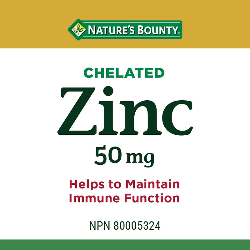 NATURE'S BOUNTY Zinc, 50 mg, soutien de la fonction immunitaire, aide à métaboliser les nutriments, aide à la formation des tissus, pour une bonne santé et une peau saine, caplets 100 paquet