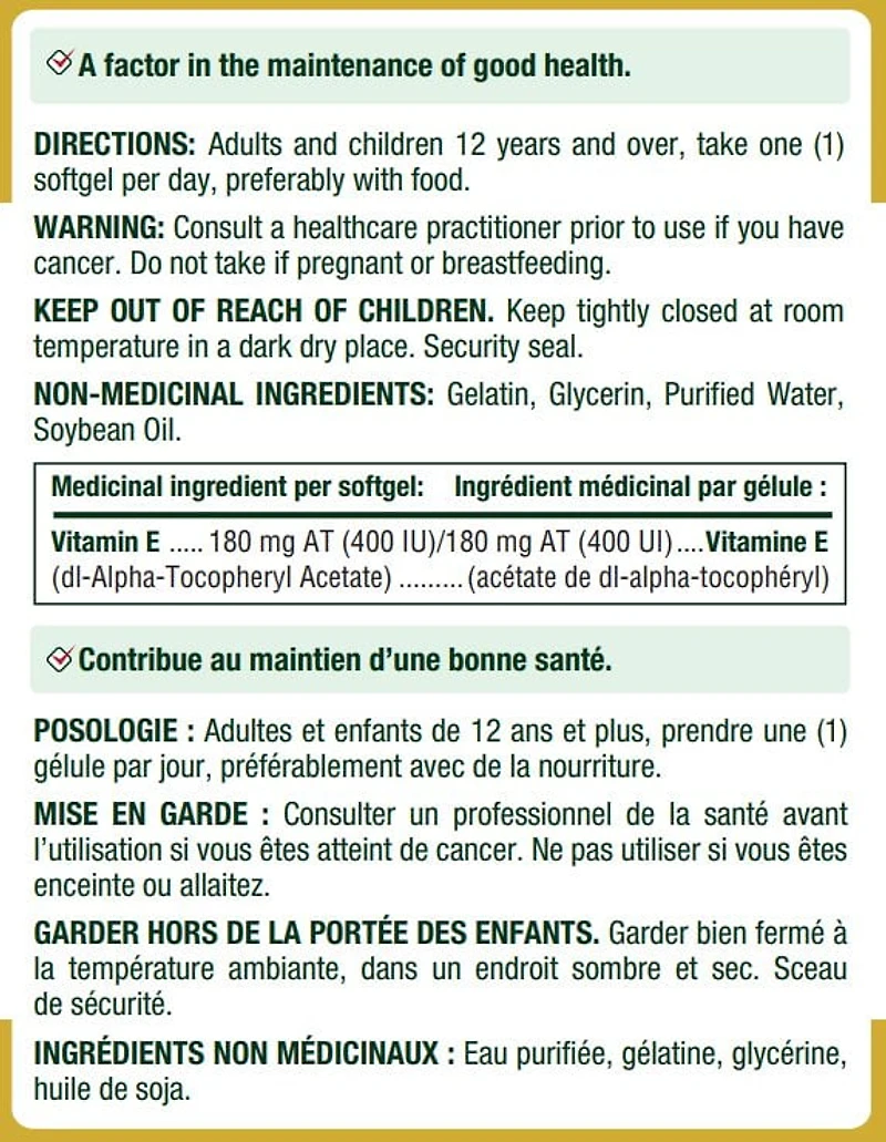 Nature’s Bounty Vitamine E 400 UI, aide au maintien d’une bonne santé, 100 gélules