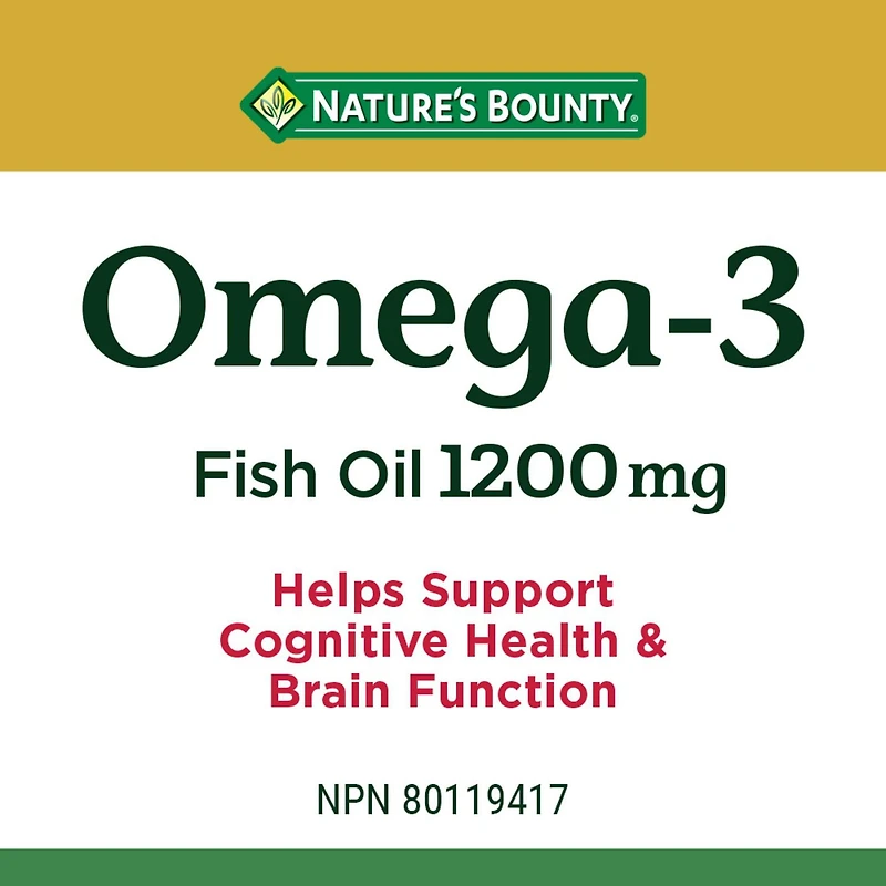 NATURE'S BOUNTY Omega-3 Fish Oil, 1200 mg, Value Size, Supports Cognitive Health & Brain Function, Source of Omega-3 Fatty Acids EPA & DHA, Softgels 120.0 count, 120 Softgels