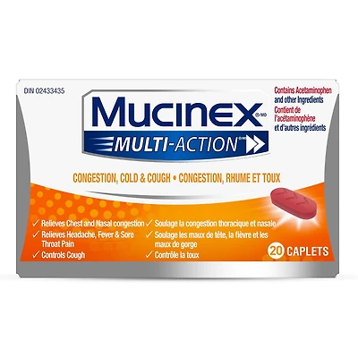 Mucinex Multi-Action RHUME, GRIPPE ET MAL DE GORGE CAPLETS, 20 unites