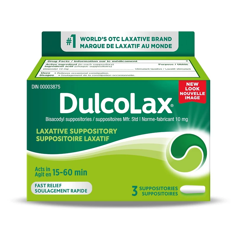 DulcoLax Suppositoires 10 mg bisacodyl, laxatif pour soulager la constipation occasionnelle en 15 à 60 minutes, soulagement de la constipation pour les adultes et les enfants de 12 ans et plus, femmes allaitantes, 3 unités 10 mg de Bisacodyl, 3 suppositoires