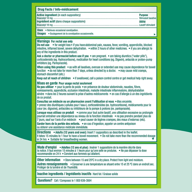 DulcoLax Suppositoires 10 mg bisacodyl, laxatif pour soulager la constipation occasionnelle en 15 à 60 minutes, soulagement de la constipation pour les adultes et les enfants de 12 ans et plus, femmes allaitantes, 3 unités 10 mg de Bisacodyl, 3 suppositoires