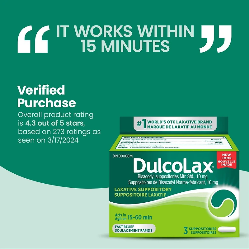 DulcoLax Bisacodyl Laxative Suppositories, 10mg Laxatives for Relief of Occasional Constipation Within 15-60 Minutes, Constipation Relief for Adults and Kids 12 and Over, Breastfeeding Women, 3 Count, 10mg Suppositories, 3ct