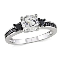 Asteria 1.38 Carat T.G.W. Created White Sapphire and 0.33 Carat T.W. Black Diamond Sterling Silver Engagement Ring