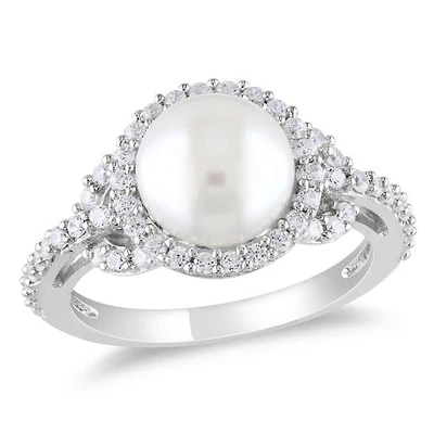 Bague mode Miabella avec 8.5-9 mm de perles d'eau douce blanches de culture et 1 carat de zircons cubiques en argent sterling