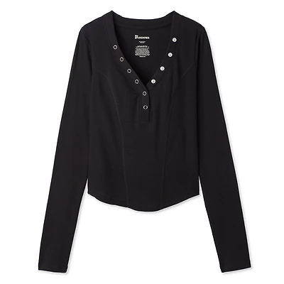 T-shirt avec manches longues et col henley No Boundaries pour femmes