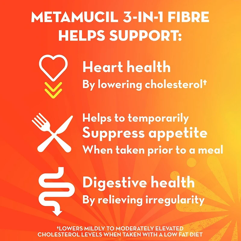 Metamucil, 3 in 1 Psyllium Husk Fibre Powder Supplement for Digestive Health, Orange Flavored, Real Sugar, Smooth Powder, 114 Servings