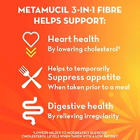 Metamucil, 3 in 1 Psyllium Husk Fibre Powder Supplement for Digestive Health, Orange Flavored, Real Sugar, Smooth Powder, 114 Servings