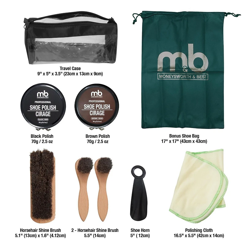 Moneysworth & Best Shoe Shine Deluxe Travel Kit, 8 Piece Set, Black & Brown Shoe Polish 70g