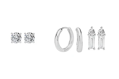 Luxury Designs Silver Plated Trio Earrings, 2 pairs of CZ Studs and a High Polish Hoop