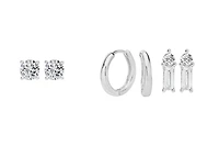 Luxury Designs Silver Plated Trio Earrings, 2 pairs of CZ Studs and a High Polish Hoop