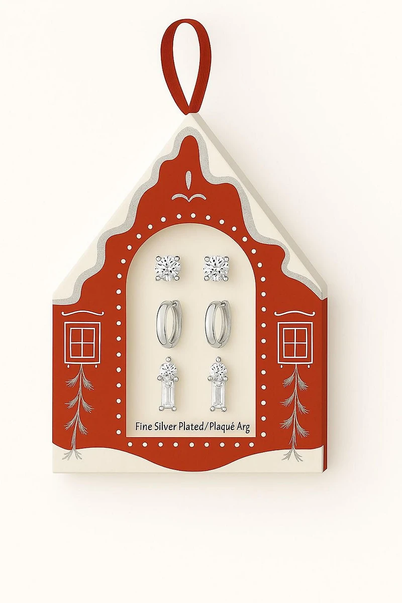 Luxury Designs Silver Plated Trio Earrings, 2 pairs of CZ Studs and a High Polish Hoop