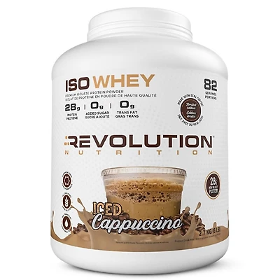 Revolution Nutrition, Iso Whey, Poudre de Protéines 6LB, Isolat à 100 %, 28 g de Protéines par Dosette, 82 Portions, Formule pour Masse Musculaire Maigre, Faible en Glucides, Sans Gluten, 2700 g, Cappuccino Glacé (6 Livres)