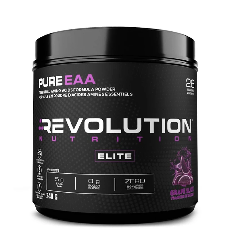 Revolution Nutrition, Poudre Pure EAA, Acides Aminés Essentiels pour la Récupération Post-Workout, Sans Gluten, Zéro Calorie, Zéro Sucre, avec Électrolytes, 5 g d’EAA par Portion, Tranche de Raisin, 240 g (26 Portions)