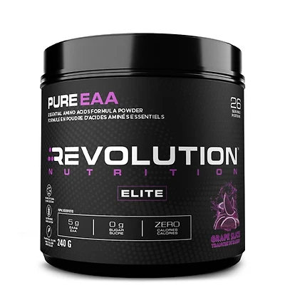 Revolution Nutrition, Poudre Pure EAA, Acides Aminés Essentiels pour la Récupération Post-Workout, Sans Gluten, Zéro Calorie, Zéro Sucre, avec Électrolytes, 5 g d’EAA par Portion, Tranche de Raisin, 240 g (26 Portions)