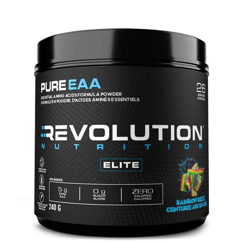 Revolution Nutrition Pure EAA Powder, Essential Amino Acids for Post Workout Recovery,  Gluten Free, Zero Calorie, Zero Sugar,with Electrolytes, 5g EAAs per Serving, Rainbow Belts, 240g (26 Servings)