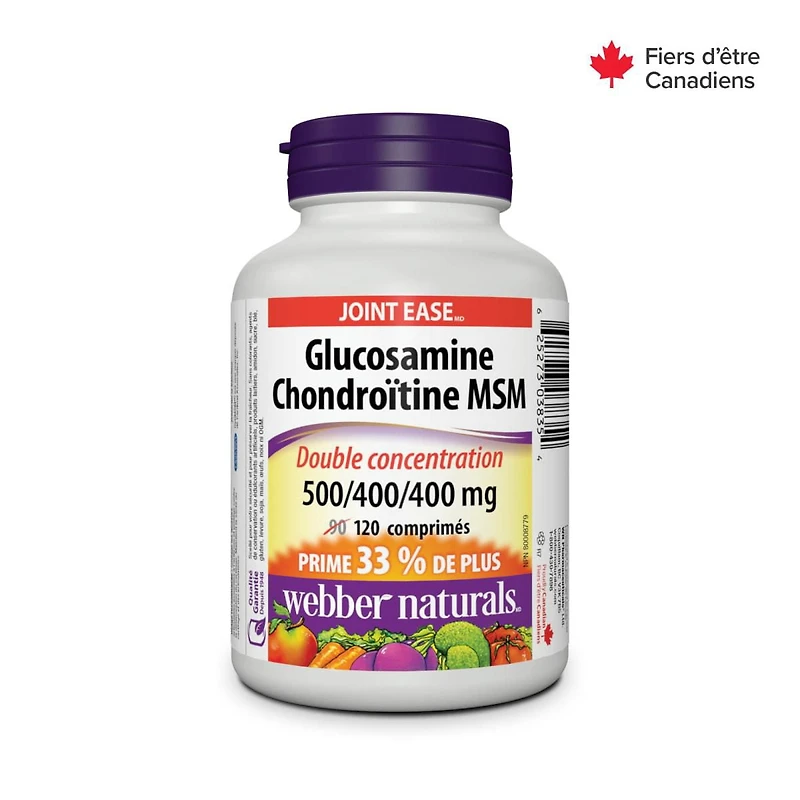 Webber Naturals Glucosamine chondroïtine MSM Double concentration,  500/400/400 mg 120 comprimés, PRIME ! 33 % de plus