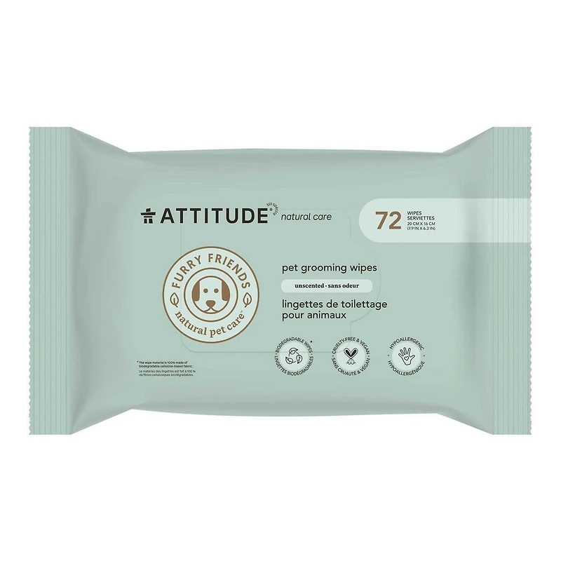ATTITUDE Furry Friends, Lingettes, Nettoyantes et Désodorisantes, Sans Odeur, Soins pour animaux, Lingettes pour chiens, Lingettes pour chats, 72 lingettes