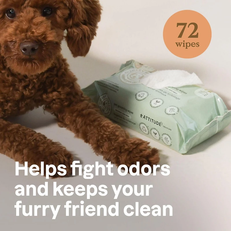 ATTITUDE Furry Friends, Lingettes, Nettoyantes et Désodorisantes, Sans Odeur, Soins pour animaux, Lingettes pour chiens, Lingettes pour chats, 72 lingettes