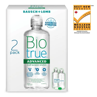 Solution polyvalente Biotrue Supérieure Format double Biotrue® Advanced Multi-Purpose Solution facilite le port des lentilles de contact et offre tous les avantages de la solution originale Biotrue Multi-Purpose Solution, avec en plus une hydratation et une désinfection avancées.