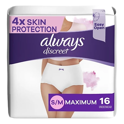 Culottes Always Discreet, degré d’absorption maximal, pour peau sensible, quatre fois la protection de la peau, testées sous contrôle dermatologique, taille P/M, sans parfum, 16 culottes
