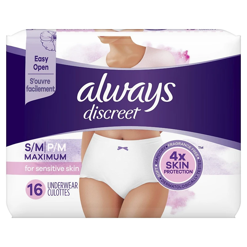 Culottes Always Discreet, degré d’absorption maximal, pour peau sensible, quatre fois la protection de la peau, testées sous contrôle dermatologique, taille P/M, sans parfum, 16 culottes