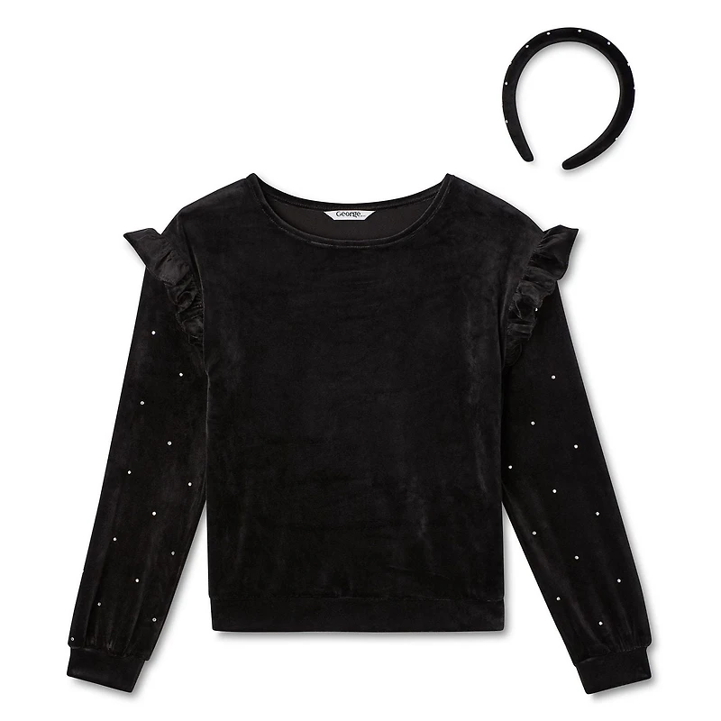 George Girls' Rhinestone Velour Top and Headband 2-Piece Set