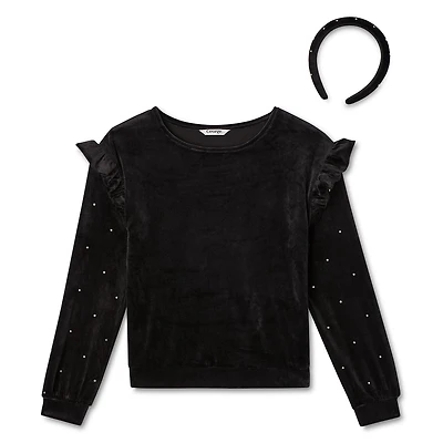 George Girls' Rhinestone Velour Top and Headband 2-Piece Set