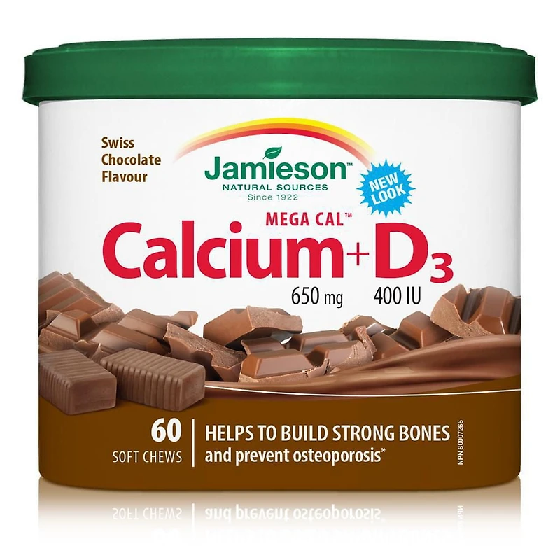 Jamieson Mega Cal Calcium 650 mg + D3 400 UI Bouchées tendres - Chocolat suisse