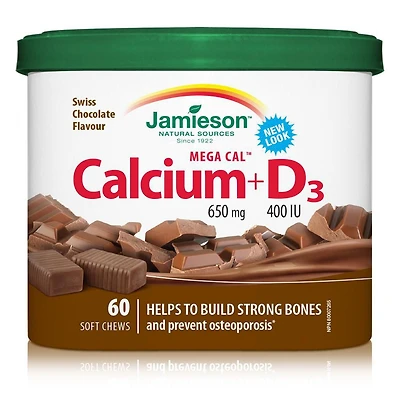Jamieson Mega Cal Calcium 650 mg + D3 400 UI Bouchées tendres - Chocolat suisse