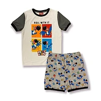 Froot Loops Ensemble pyjama 2 pièces pour garçon. T-shirt 2 tons à manches courtes et col rond et short longueur genou avec bande élastique à la taille