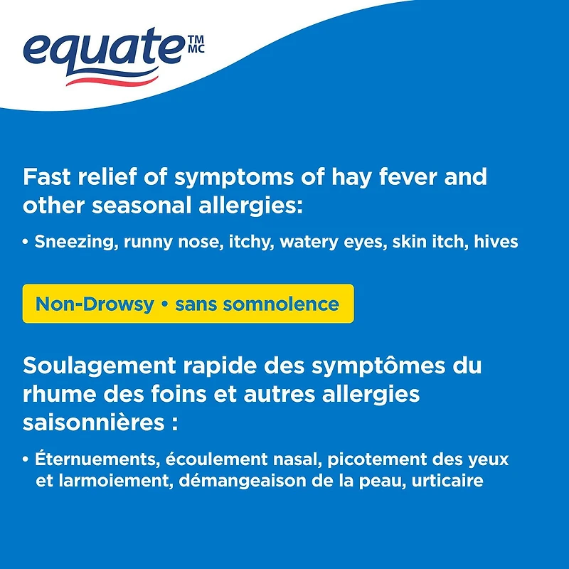 Remède contre les allergies, Comprimés de loratadine, 10 mg Equate 60 comprimés