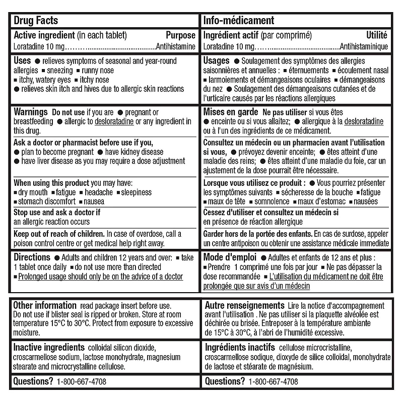 Remède contre les allergies, Comprimés de loratadine, 10 mg Equate 60 comprimés