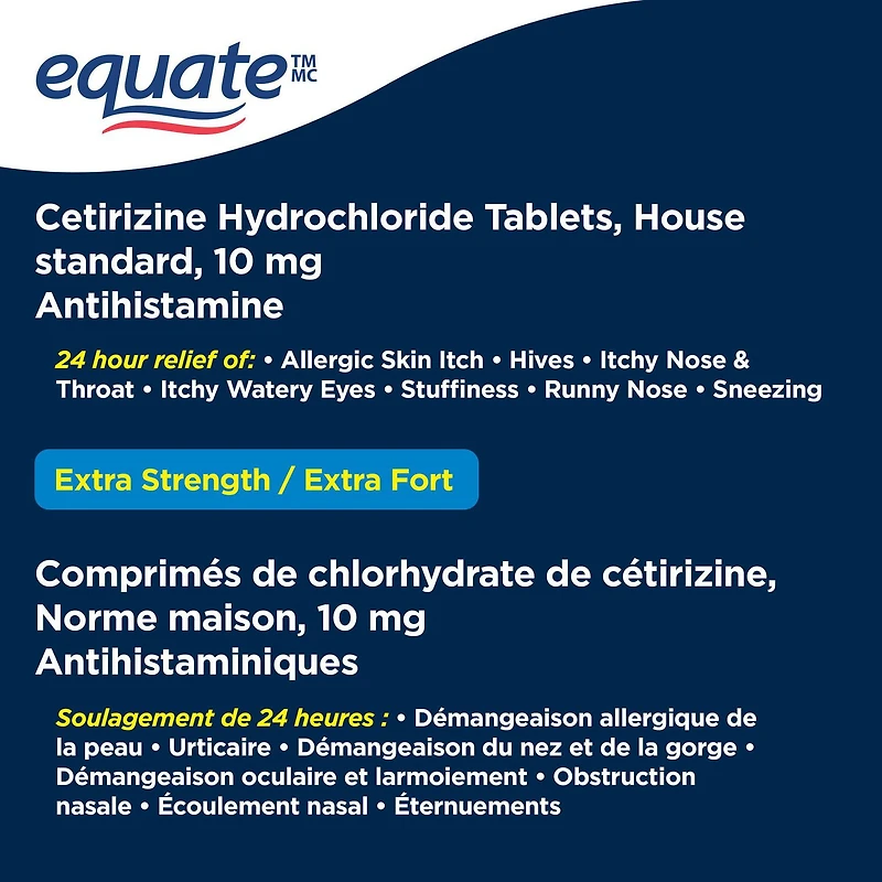 Soulagement des allergies, Comprimés de cétirizine, 10 mg, Extra fort Equate