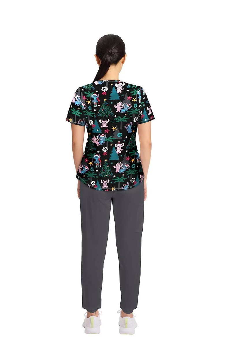 Haut pour femmes de la collection mode Scrubstar, imprimé Snow Cute à col en V