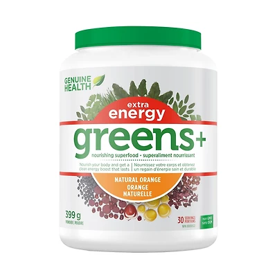 Genuine Health Greens+ Extra Energy, Green Superfood Powder, Non GMO, Natural Orange, 399g, 30 Servings