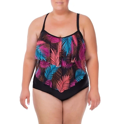 Ibiza Plus Size Tiered one piece mesh ruffle is very flattering and slimming. Adjustable straps, soft cups, and tummy control  for added support and comfort.