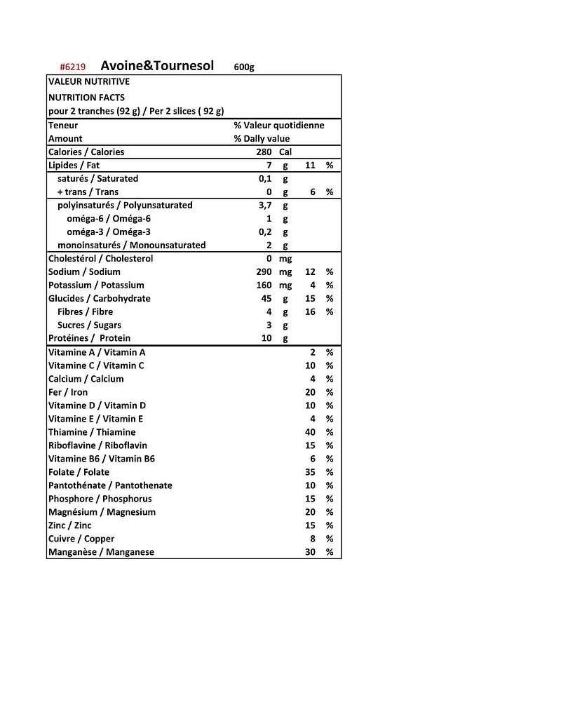 Auger Oats & Sunflower Bread, 600g