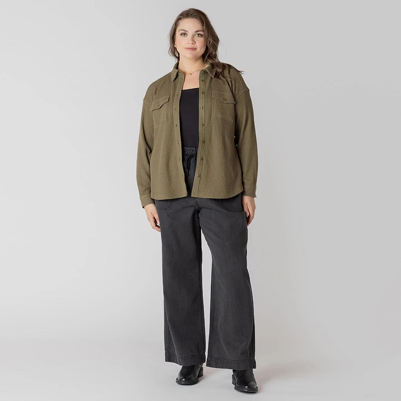 Devoted long sleeve button up thermal knit top