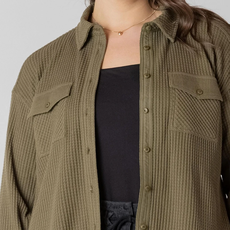 Devoted long sleeve button up thermal knit top