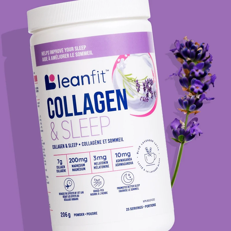 LEANFIT COLLAGEN & SLEEP™ Latte bleu à la lavande – 7 g de collagène + 200 mg de magnésium + 3 mg de mélatonine + 10 mg d’ashwagandha – Améliore le sommeil et réduit les effets du décalage horaire – 25 portions, pot de 206 g