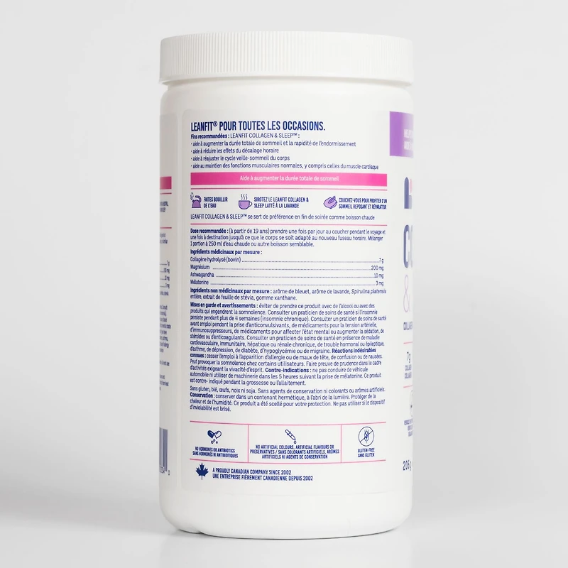 LEANFIT COLLAGEN & SLEEP™ Latte bleu à la lavande – 7 g de collagène + 200 mg de magnésium + 3 mg de mélatonine + 10 mg d’ashwagandha – Améliore le sommeil et réduit les effets du décalage horaire – 25 portions, pot de 206 g