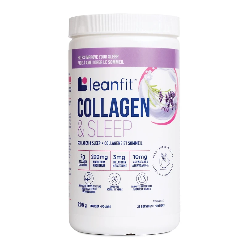 LEANFIT COLLAGEN & SLEEP™ Latte bleu à la lavande – 7 g de collagène + 200 mg de magnésium + 3 mg de mélatonine + 10 mg d’ashwagandha – Améliore le sommeil et réduit les effets du décalage horaire – 25 portions, pot de 206 g