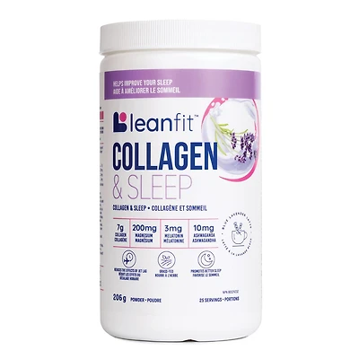 LEANFIT COLLAGEN & SLEEP™ Latte bleu à la lavande – 7 g de collagène + 200 mg de magnésium + 3 mg de mélatonine + 10 mg d’ashwagandha – Améliore le sommeil et réduit les effets du décalage horaire – 25 portions, pot de 206 g