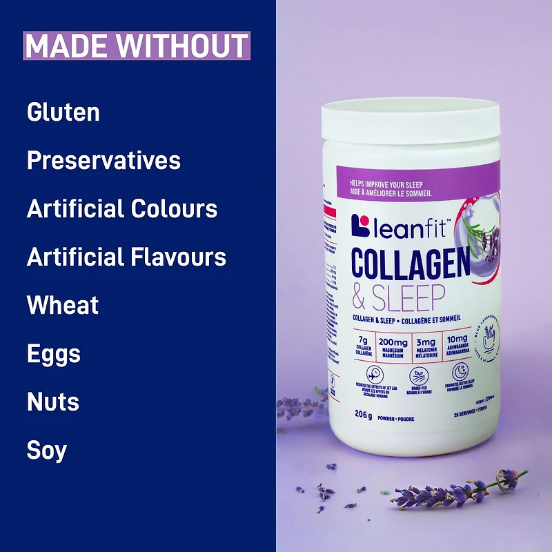 LEANFIT COLLAGEN & SLEEP™ Latte bleu à la lavande – 7 g de collagène + 200 mg de magnésium + 3 mg de mélatonine + 10 mg d’ashwagandha – Améliore le sommeil et réduit les effets du décalage horaire – 25 portions, pot de 206 g