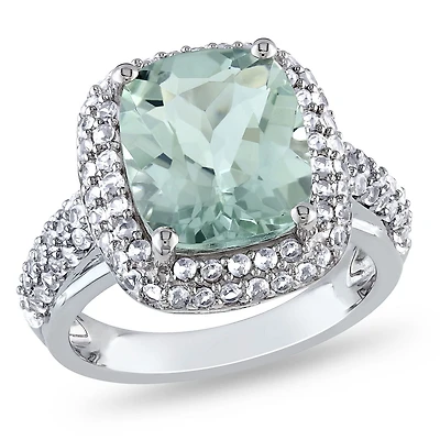 Tangelo 6 Carat T.G.W. Green Amethyst And Created White Sapphire Sterling Silver Double HALO Cocktail Ring