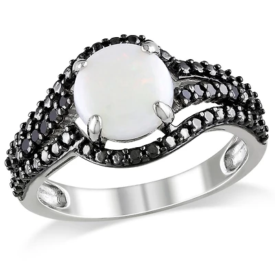 Bague cocktail Asteria avec opale 1-1/4 CT PBT et diamants noirs 1/10 CT poids total en argent sterling