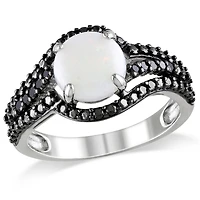 Bague cocktail Asteria avec opale 1-1/4 CT PBT et diamants noirs 1/10 CT poids total en argent sterling